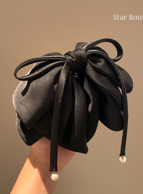 法式复古黑色缎面蝴蝶结抓夹女气质后脑勺半扎发马尾鲨鱼夹子头饰