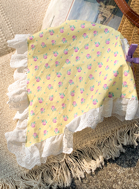 法式黄色碎花蕾丝三角头巾女包头发箍一体式头饰海边拍照道具头饰