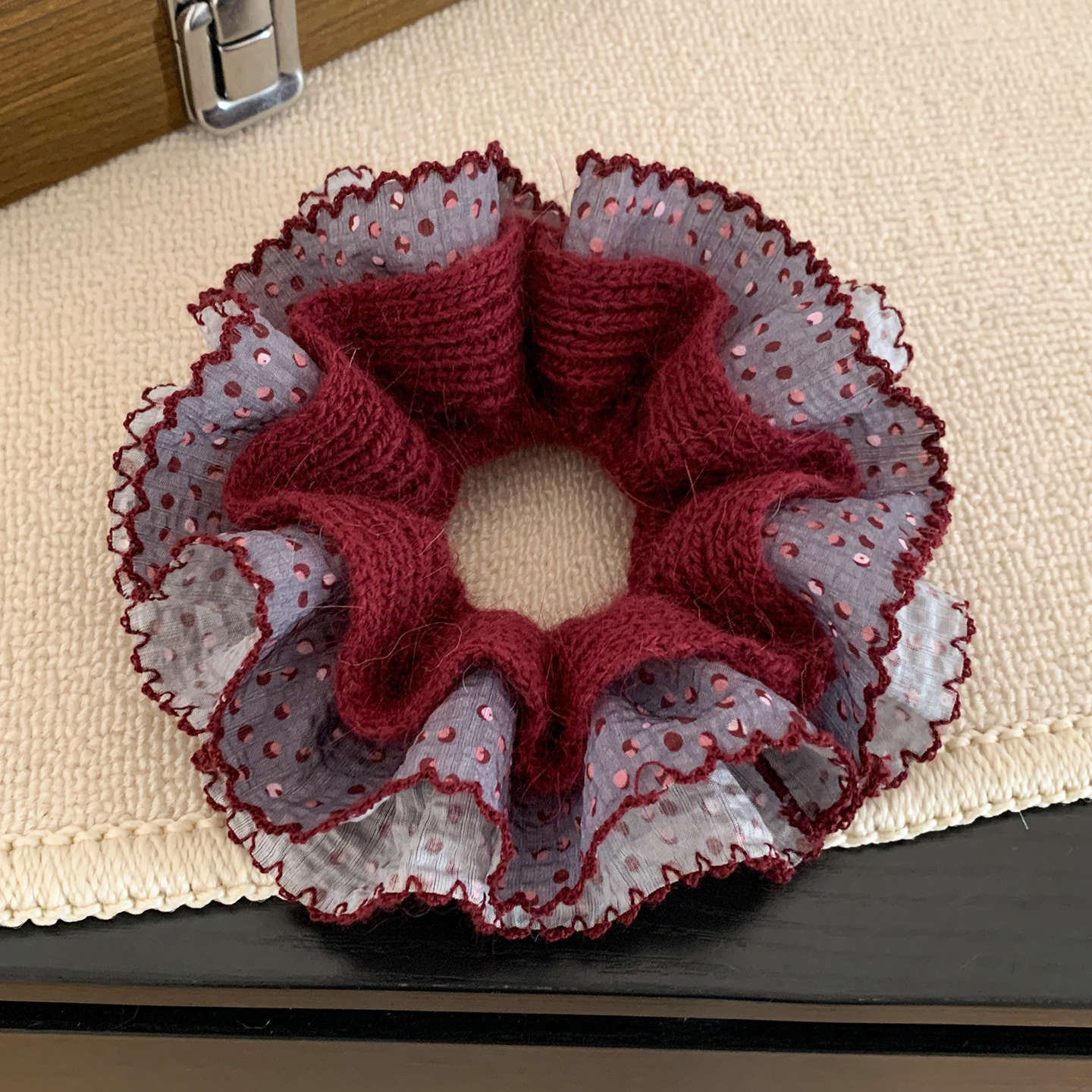 秋冬复古酒红色毛线针织大肠发圈