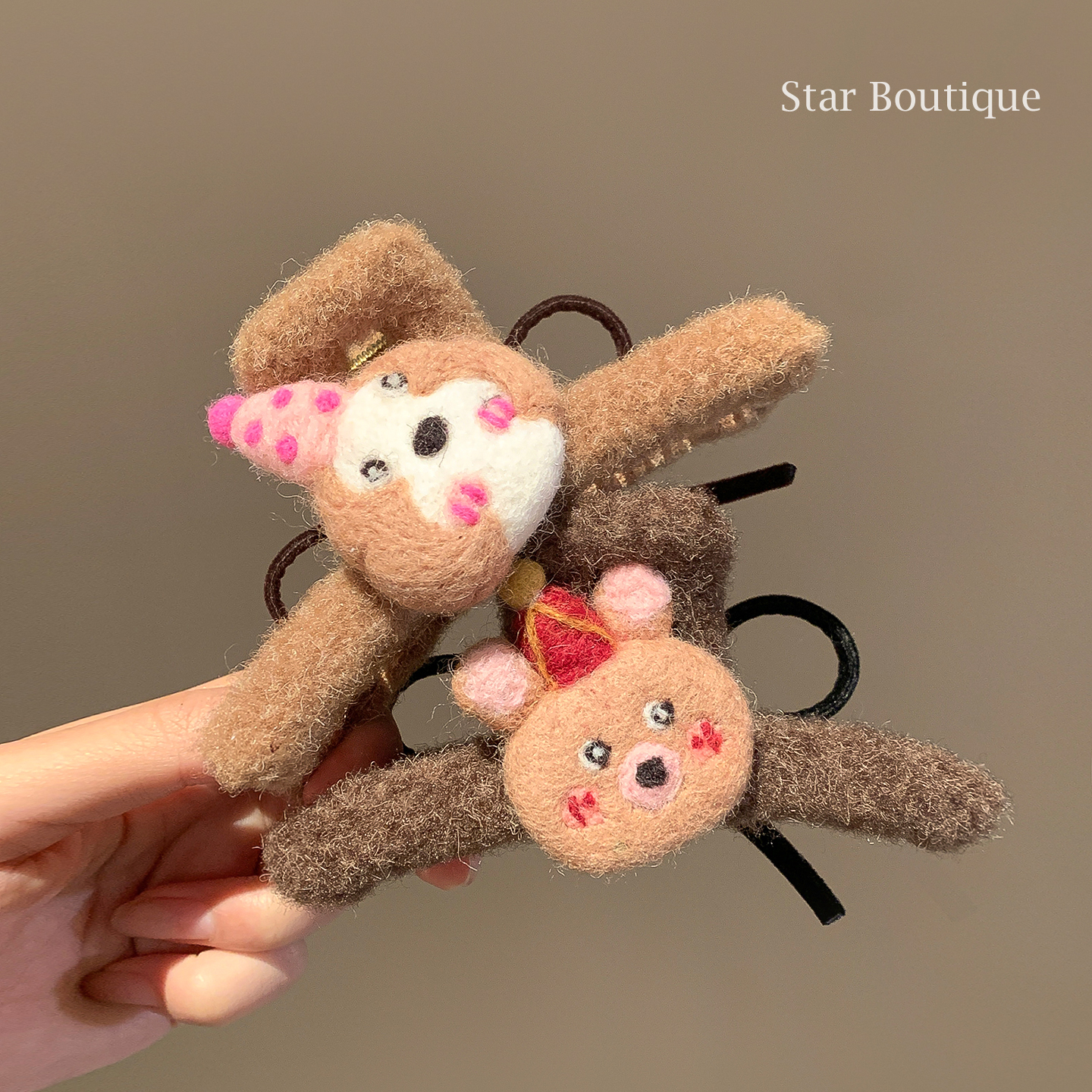秋冬可爱咖色羊毛毡小熊毛绒抓夹