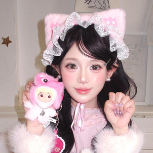 可爱粉色波点猫耳朵毛绒发带女氛围感拍照道具洛丽塔配饰kc头饰