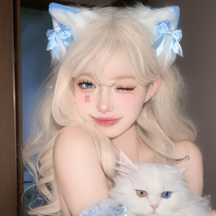 可爱蓝色蝴蝶结猫耳朵发夹女毛绒兽耳lolita发卡夹子cos女仆发饰