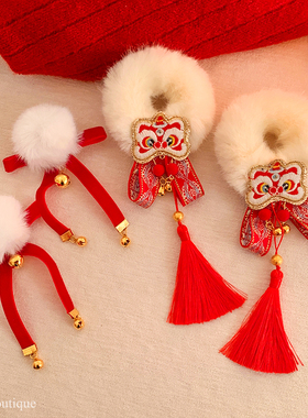 圣诞节新年红色流苏毛绒大肠发圈女可爱侧边双马尾扎头发头绳头饰