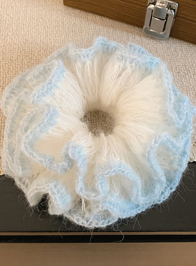 韩系温柔蓝色海马毛线针织双层大肠发圈女超大丸子头马尾头绳头饰