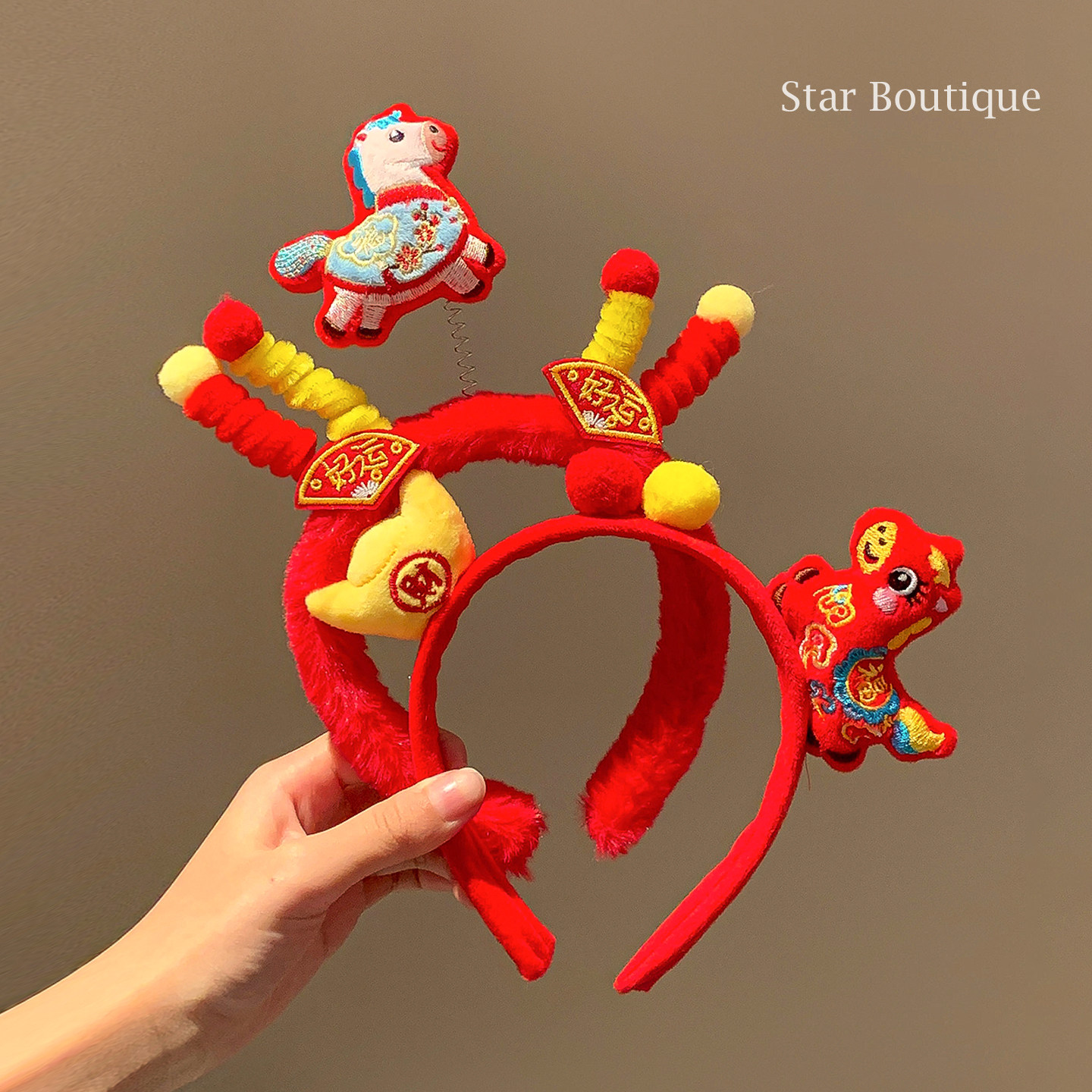 新年红色小马毛绒扭扭棒发箍女