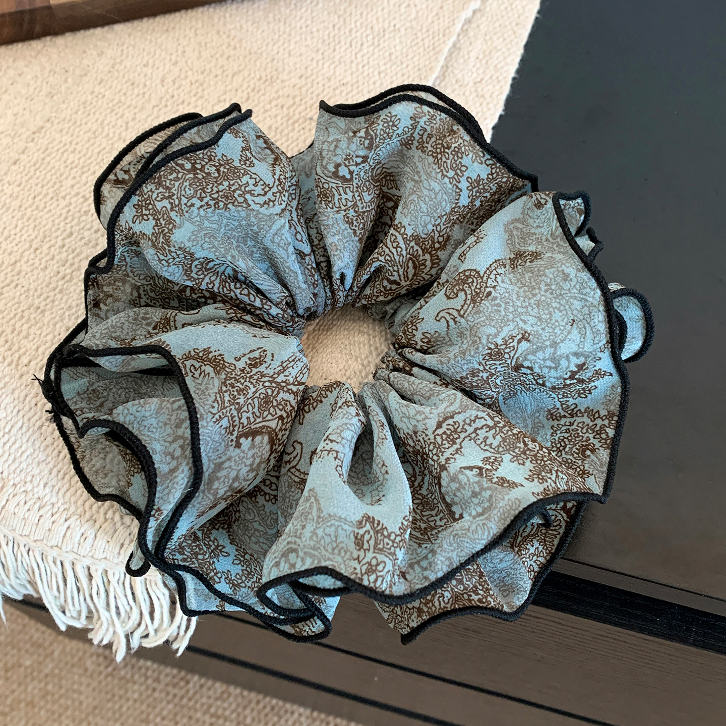 新中式湖蓝色印花网纱大肠发圈