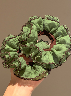 气质复古绿色双层大肠发圈女韩系高级感丸子头低马尾头绳百搭头饰