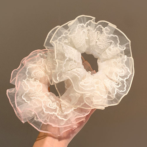 法式超仙！粉色双层蕾丝大肠发圈