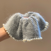 韩国灰色羊毛针织珍珠大肠发圈女秋冬超大号丸子头扎头发头绳头饰