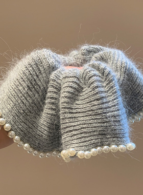 韩国灰色羊毛针织珍珠大肠发圈女秋冬超大号丸子头扎头发头绳头饰