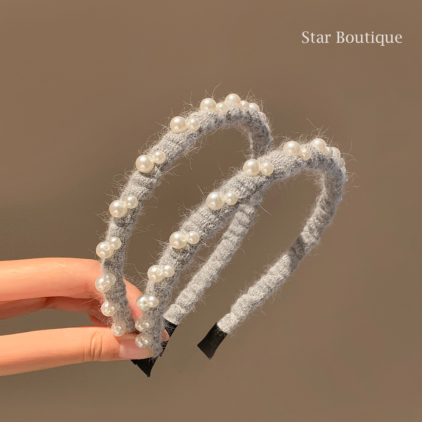 韩系灰色兔毛珍珠细边发箍高级感