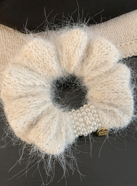 法式小香风白色毛线针织大肠发圈女气质丸子头扎头发复古发绳头饰