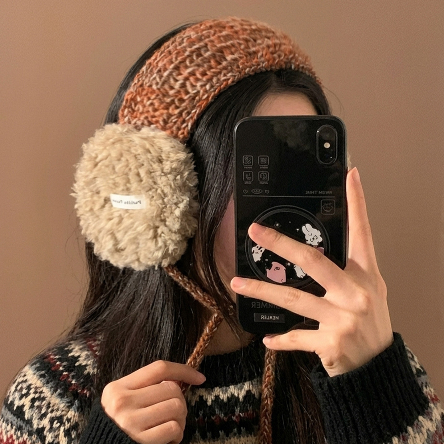咖色毛茸茸耳罩女冬天耳捂子绑带耳包保暖防寒复古氛围感耳暖学生