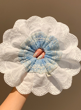 法式加大号蓝色刺绣蕾丝大肠发圈女高级感低马尾百搭头绳皮筋头饰