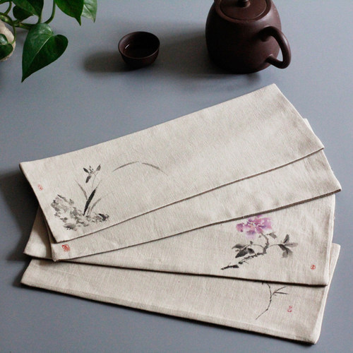手绘禅意风茶席亚麻桌旗促销