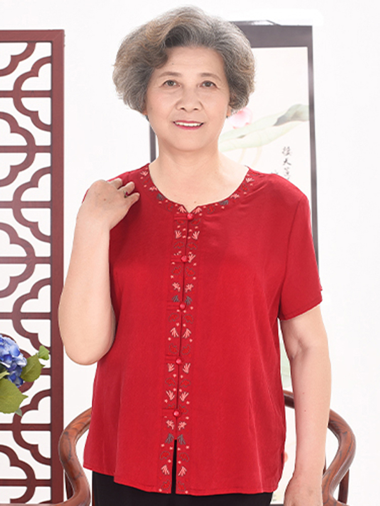 神采夫人老年女裝媽媽奶奶裝夏裝短袖銹花襯衫真絲桑蠶絲襯衣上衣