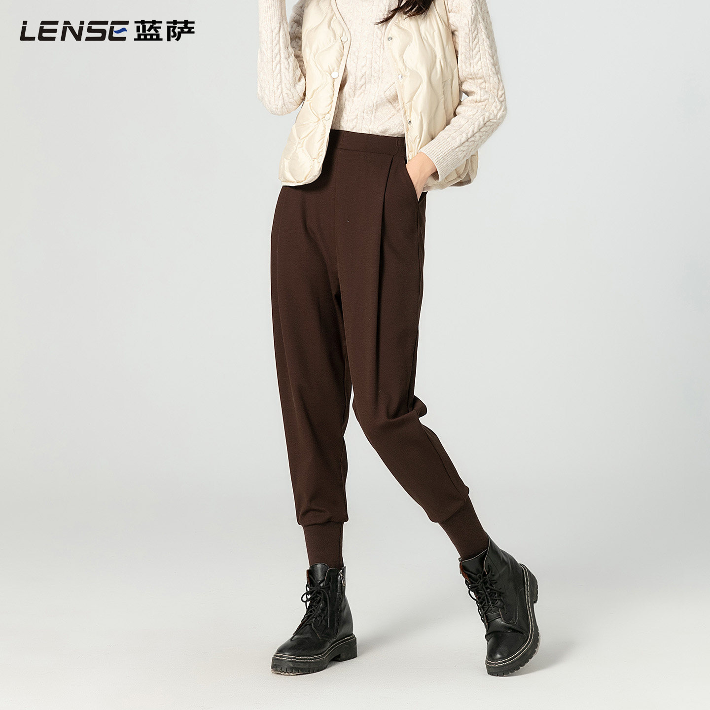 蓝萨2026秋冬新款咖色九分束脚哈伦裤女棕色休闲显瘦萝卜马丁裤