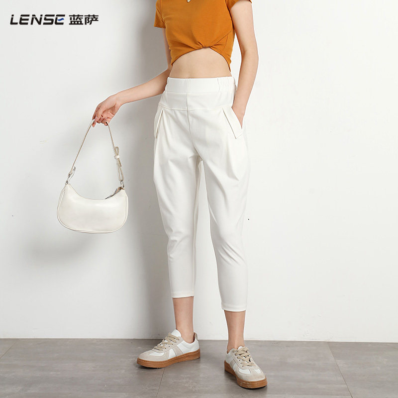 蓝萨2025夏季新款白色哈伦裤八分宽松高腰休闲小脚大码萝卜女裤子