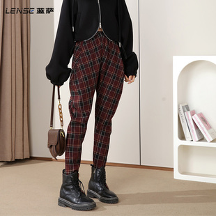 蓝萨2025秋冬新款呢子格子裤安哥拉红哈伦裤高腰小脚香蕉时尚裤子