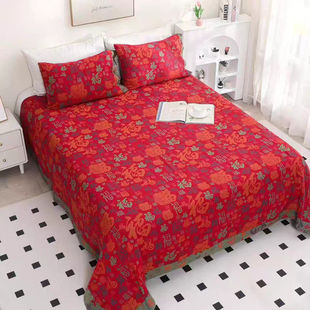 中国风婚庆全棉色织有氧双层纱百福床单套件枕套床单三件套红色