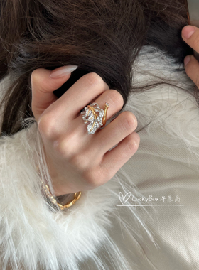 「金枝玉叶」925银镀18k金镶钻树叶开口戒指耳钉小众设计轻奢优雅