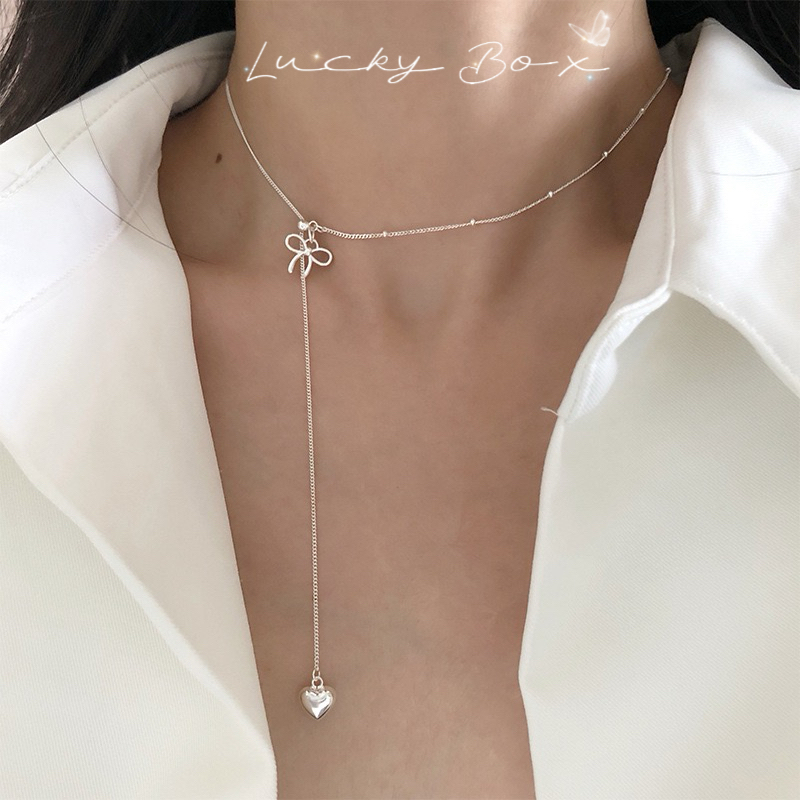「在逃公主」纯银蝴蝶结爱心吊坠项链简约百搭抽拉式锁骨链choker