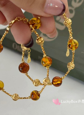 「秋日暖阳」天然花珀猫眼珠925银镀金手链琥珀美拉德风贵气手饰