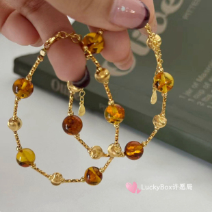 「秋日暖阳」天然花珀猫眼珠925银镀金手链琥珀美拉德风贵气手饰