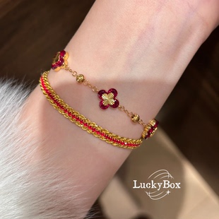 「四叶知春」幸运四叶草镶钻四叶花通体925银手链新年红氛围礼物