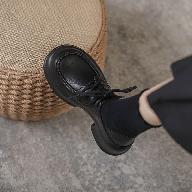 喵履小皮鞋英伦粗跟两穿圆头真皮