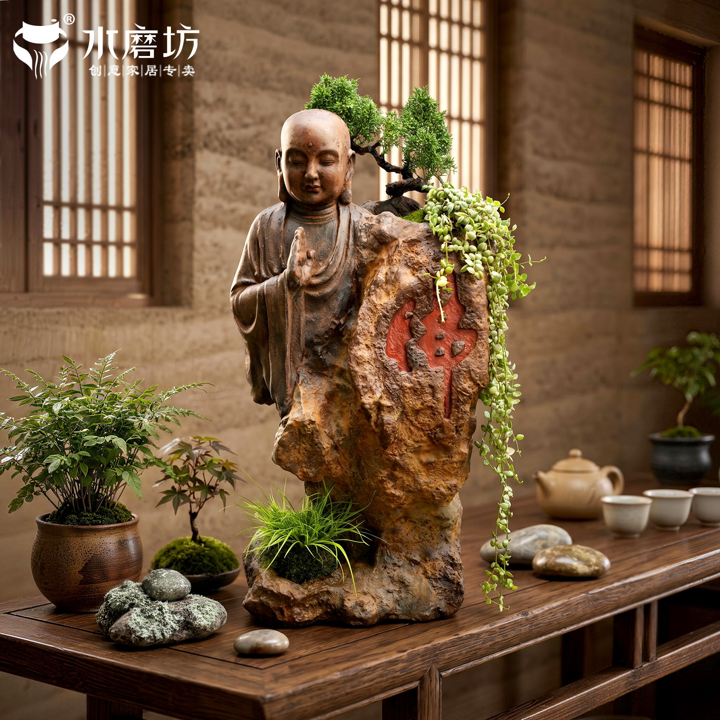 水磨坊禅意佛像花盆佛系装饰摆件图片