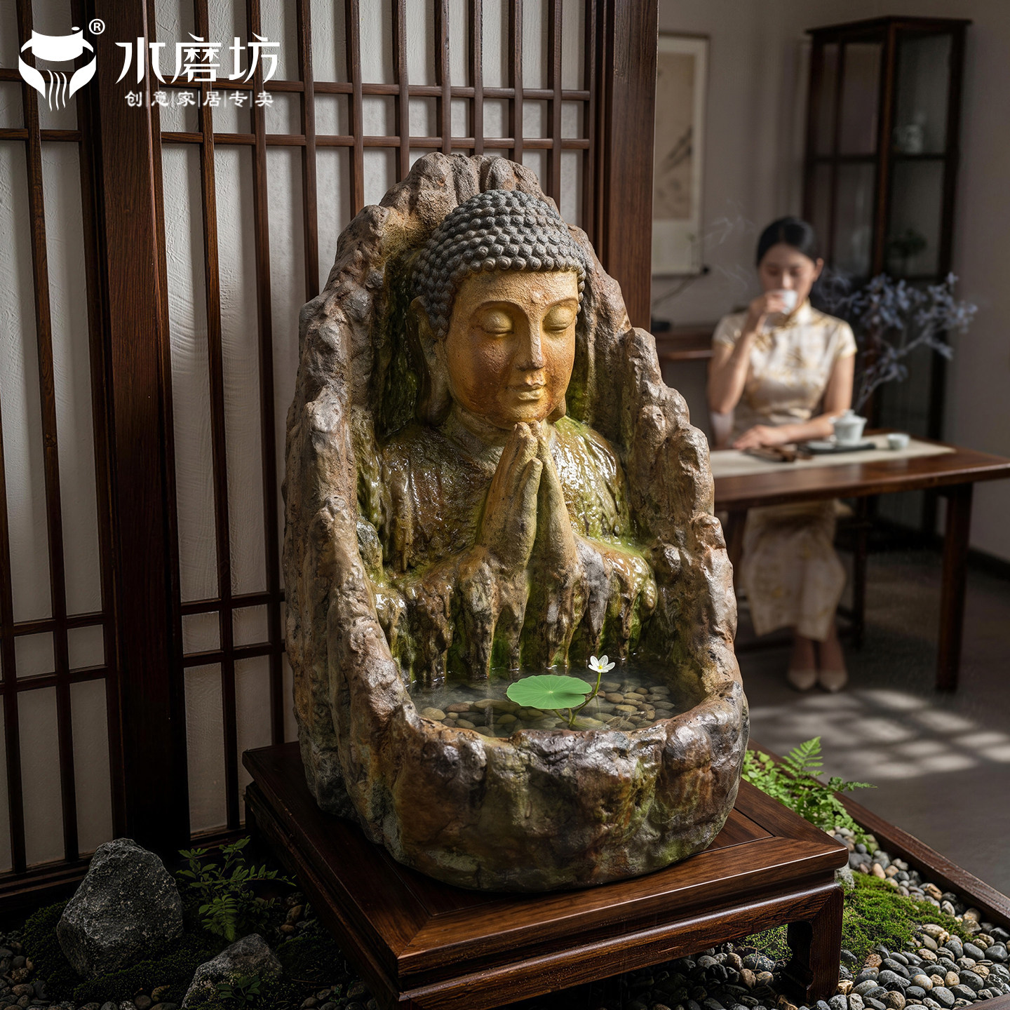水磨坊中式禅意佛像流水摆件循环水茶室客厅桌面造景装饰喷泉景观