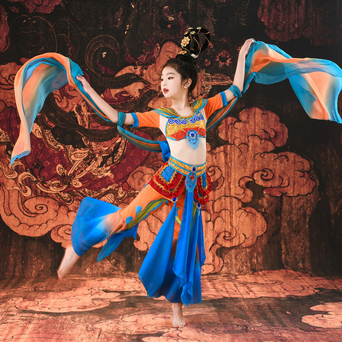 儿童古典舞敦煌舞蹈服反弹琵琶女童飘逸民族中国风飞天乐鼓演出服