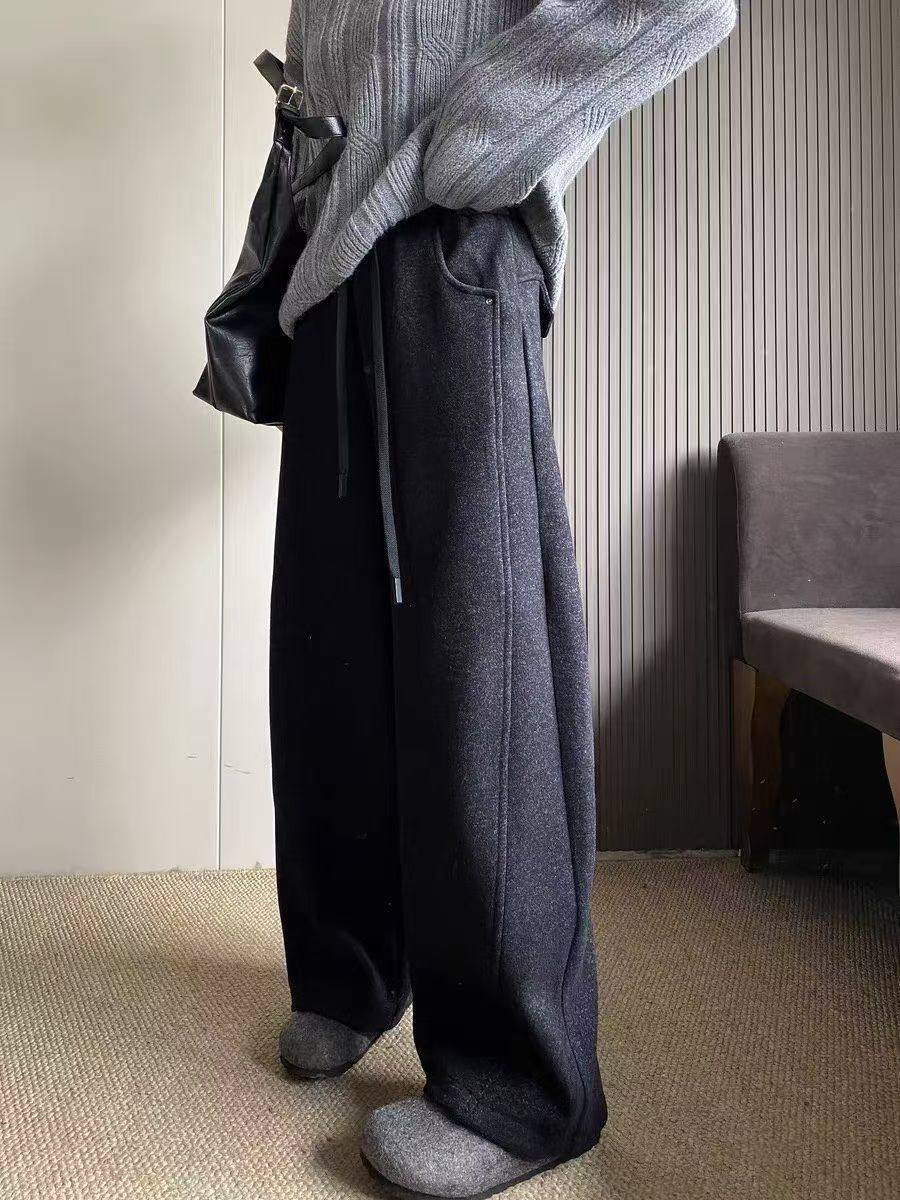 黑灰色毛呢阔腿裤女2025秋冬加绒新款高腰垂感宽松休闲弯刀裤子,女装/女士精品,休闲裤,淘宝优惠券,粉丝福利购,淘宝优惠卷