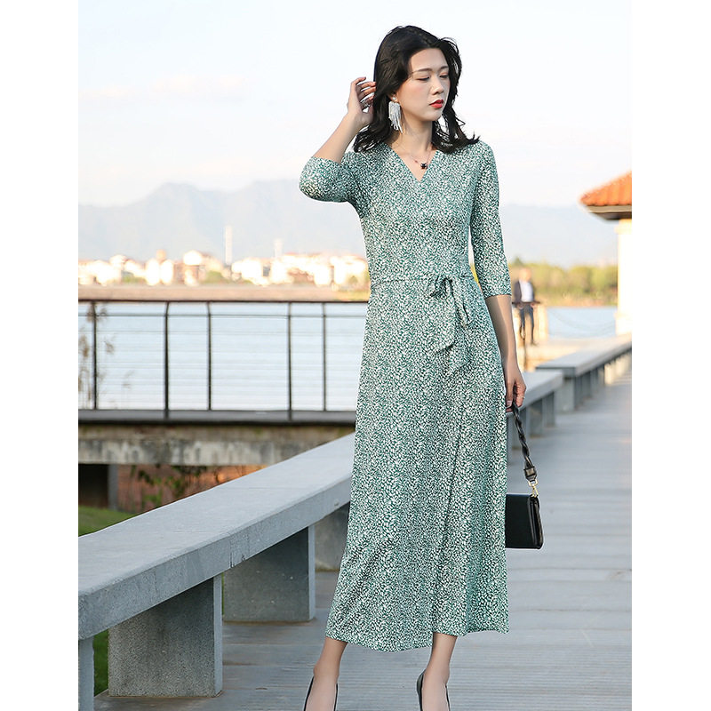 PG DVF2023春夏季新款绿色小碎花裹胸长裙女一片式收腰绑带