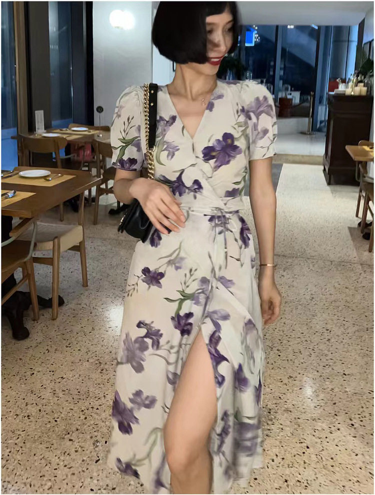 PG DVF白色印花连衣裙女中长款短袖V领法式复古茶歇裙裹身休闲度