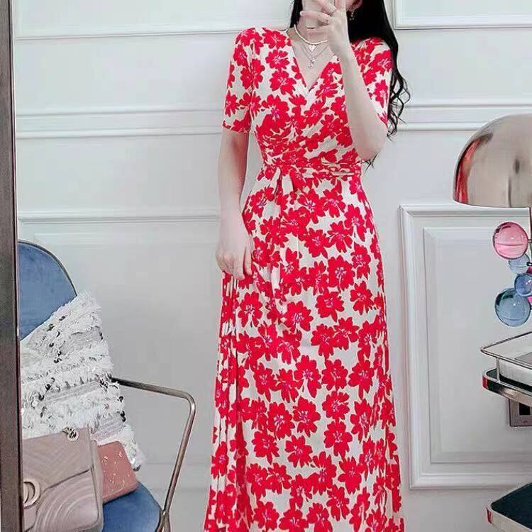 PG DVF韩版夏季新款红花白底系带长裙v领裹胸气质减龄开叉连衣裙