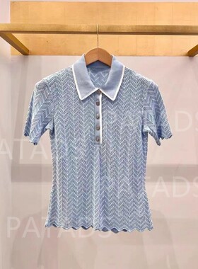 法国M家24春夏新款女法式浅蓝色镂空针织短袖T恤上衣PU0076