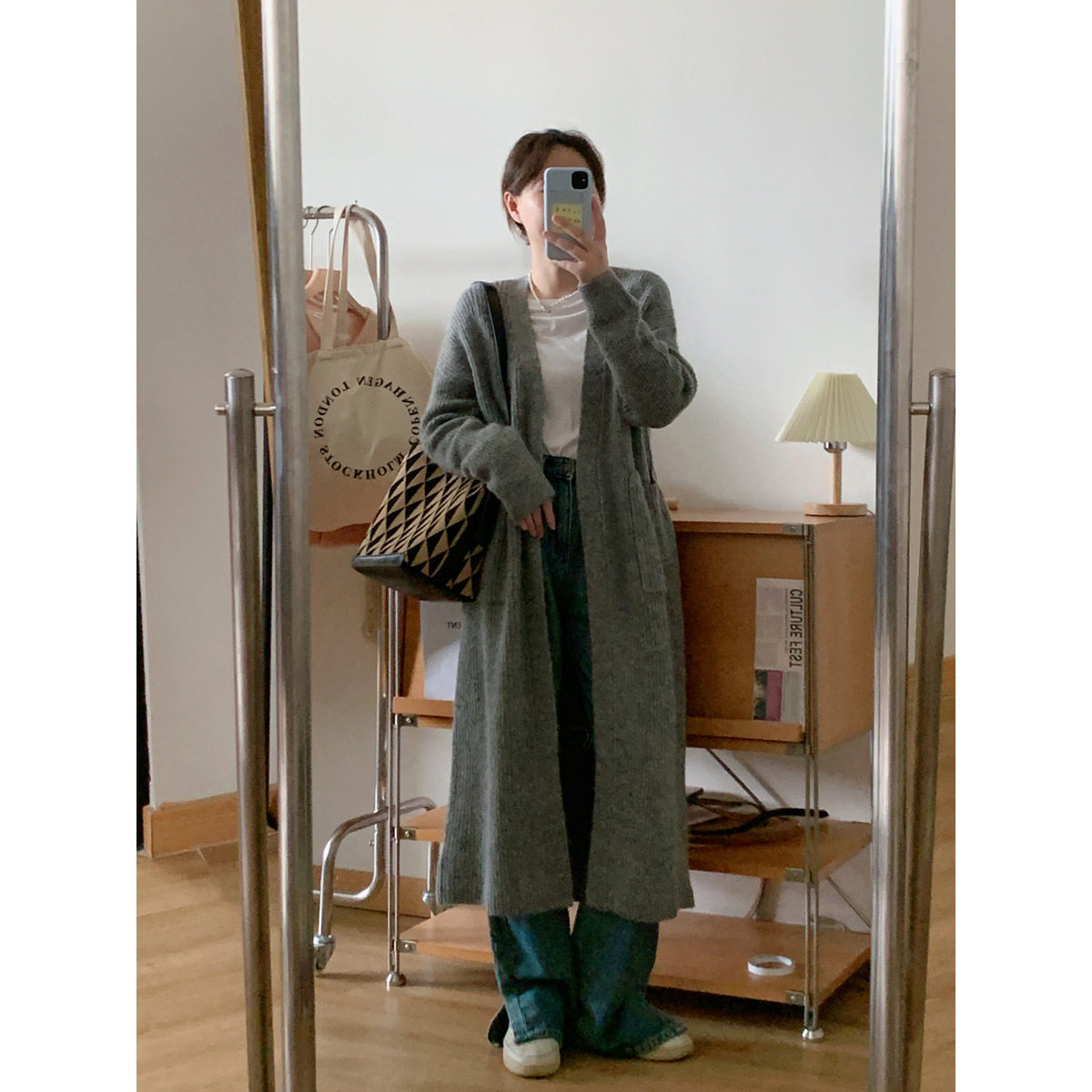 PG DVF灰色长款毛衣女2023夏季新款韩版过膝针织外套女防风落肩气