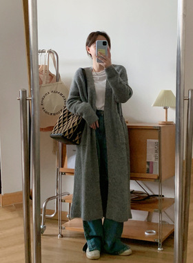 PG DVF灰色长款毛衣女2023夏季新款韩版过膝针织外套女防风落肩气