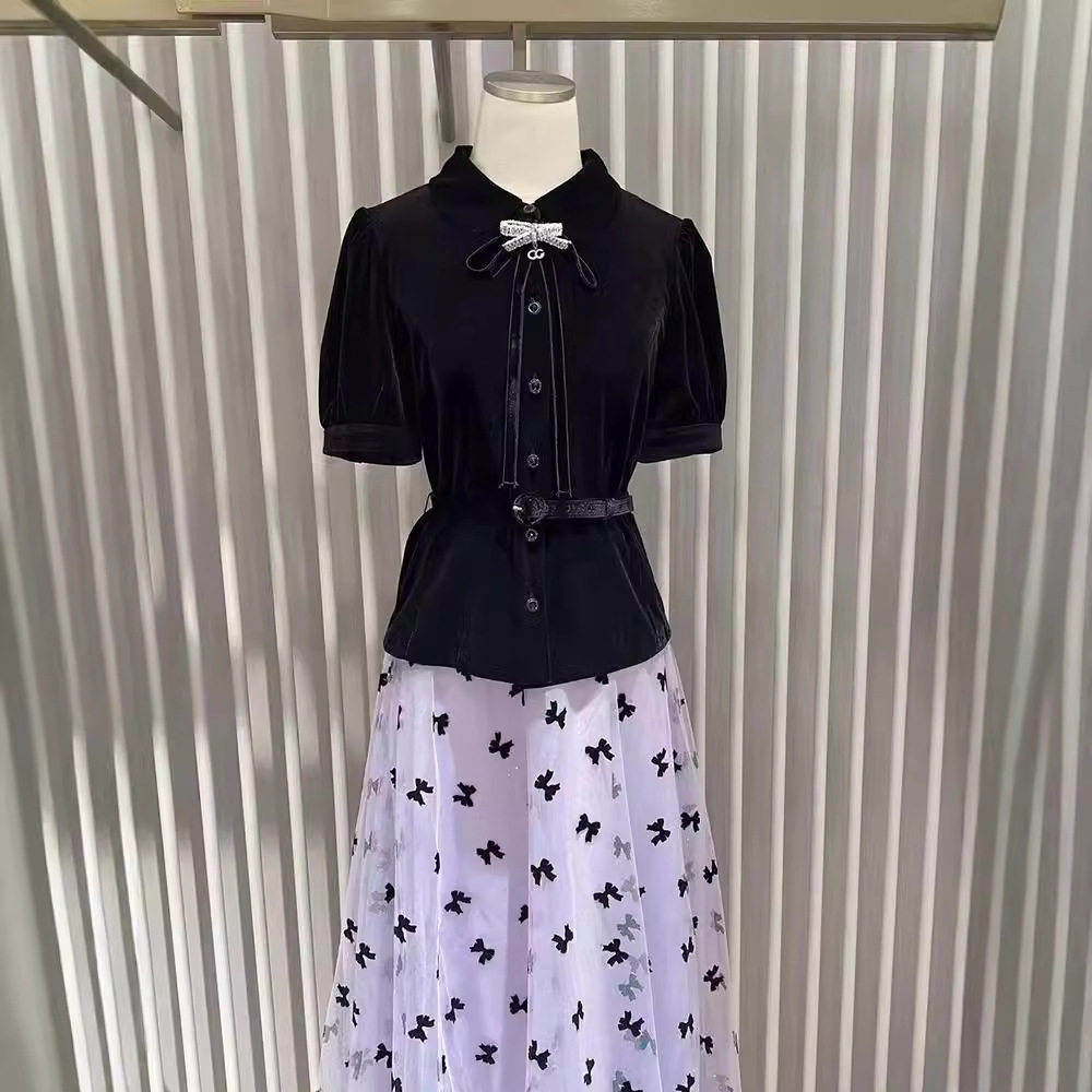 maSande高端女装秋季名媛法式高级感黑色丝绒蝴蝶结收腰短袖上衣