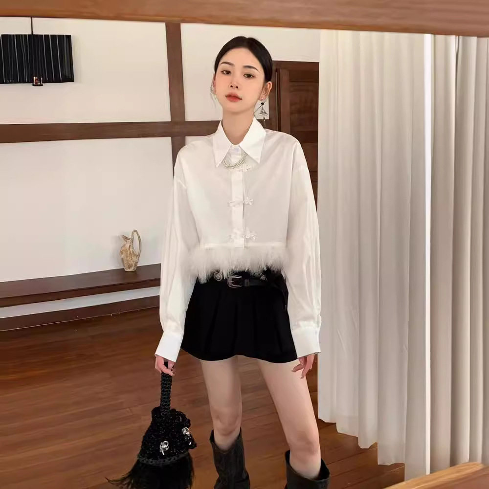 maSande现货】高端女装法式新中式国风流苏羽毛短款衬衫上衣