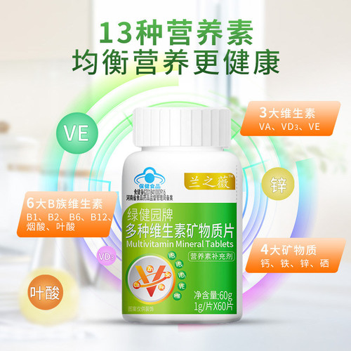 绿健园13种维生素矿物质片VE营养素补钙铁锌硒维生素AB12均衡营养