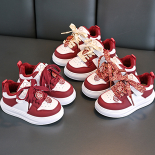 2025年新年款儿童冬季皮面防水运动鞋男女童加绒保暖小中童跑步鞋