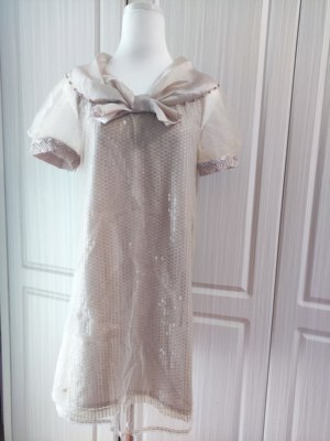 知恩GCCG春夏重工蕾丝琥珀光亮片蝴蝶结连衣裙短袖礼服裙气质淑女