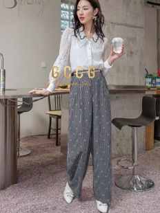 知恩GCCG正品小香风休闲裤女直筒宽松竖条纹裤子阔腿裤配链条装饰