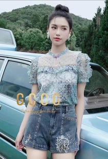 知恩GCCG正品女轻奢春夏气质水钻显瘦长腿丹宁蓝牛仔短裤子5862F