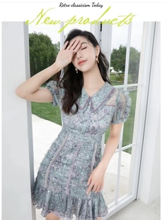 知恩GCCG正品女夏季新款高端复古时尚泡泡袖褶皱蕾丝连衣裙5816