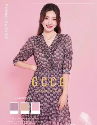 知恩GCCG正品夏新款复古碎花连衣裙子女气质收腰雪纺蝴蝶花31007