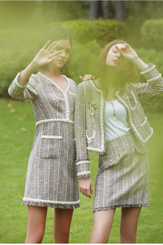 兰蔻卓雅兰迷雅秋季新款女高级精致钉珠小香风V领显瘦连衣裙Y139